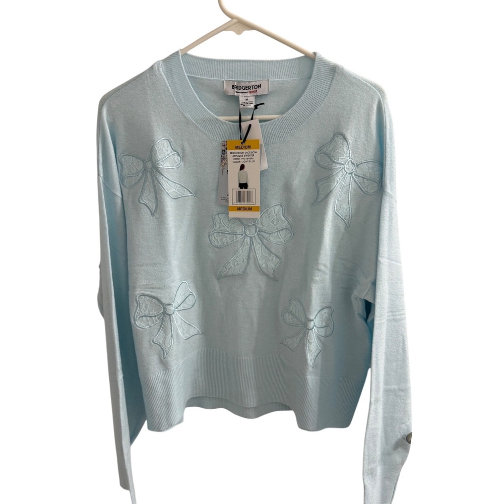 Bridgerton Netflix Lace Bow Applique Sweater Light Blue Womens Medium 990464896